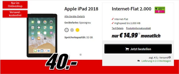 Apple iPad 2018 LTE + mobilcom-debitel Internet-Flat 2.000 (Telekom-Netz) bei MediaMarkt