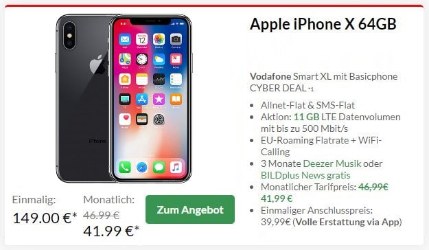 iPhone X + Vodafone Smart XL Plus bei Preisboerse24