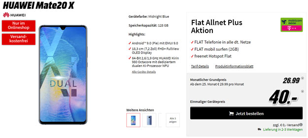 Wahnsinn! Huawei Mate 20X + md Flat Allnet Plus (Telekom-Netz) eff. kostenlos (Allnet-Flat, 2 GB) mit 111 € Ersparnis