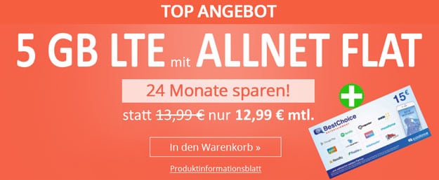 winSIM LTE All 5 GB inkl. 15 € BestChoice-Gutschein