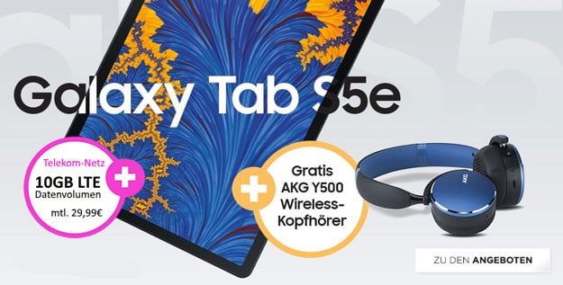 Samsung Galaxy Tab S5e + AKG Y500 Wireless Headset + mobilcom-debitel Internet-Flat 10.000 (Telekom-Netz) bei Handyflash