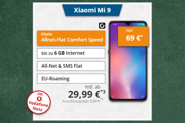 Xiaomi Mi 9 + otelo Allnet-Flat Comfort LTE 50 bei Tophandy