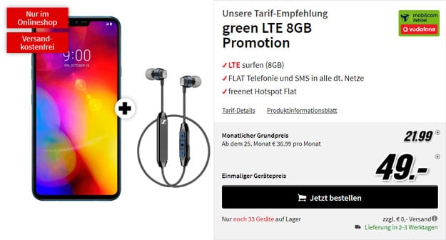 LG V40 ThinQ + Sennheiser CX 6.00 BT + mobilcom-debitel green LTE (Vodafone-Netz) bei MediaMarkt