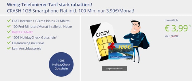 Crash Handytarif für 3,99 € im Telekom-Netz mit 100 € Reisegutschein