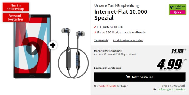 Huawei MediaPad M5 8.4 LTE + Sennheiser CX 6.00 BT + mobilcom-debitel Internet.-Flat 10.000 (Telekom-Netz) bei MediaMarkt