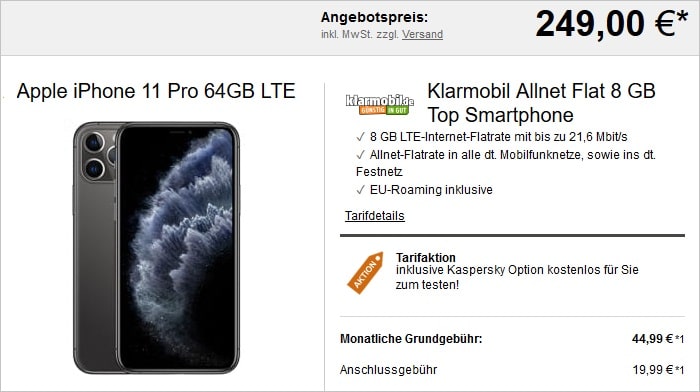 Klarmobil Allnet Flat 8GB mit Apple iPhone 11 Pro LogiTel
